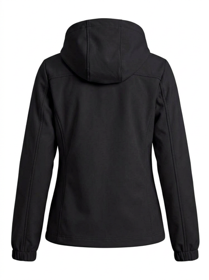 Black - A woman wearing a cream-coloured structured hooded jacket with a contrast black front zipper, elasticised cuffs, and side pockets, paired with black pants.