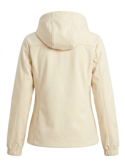 White - A woman wearing a cream-coloured structured hooded jacket with a contrast black front zipper, elasticised cuffs, and side pockets, paired with black pants.