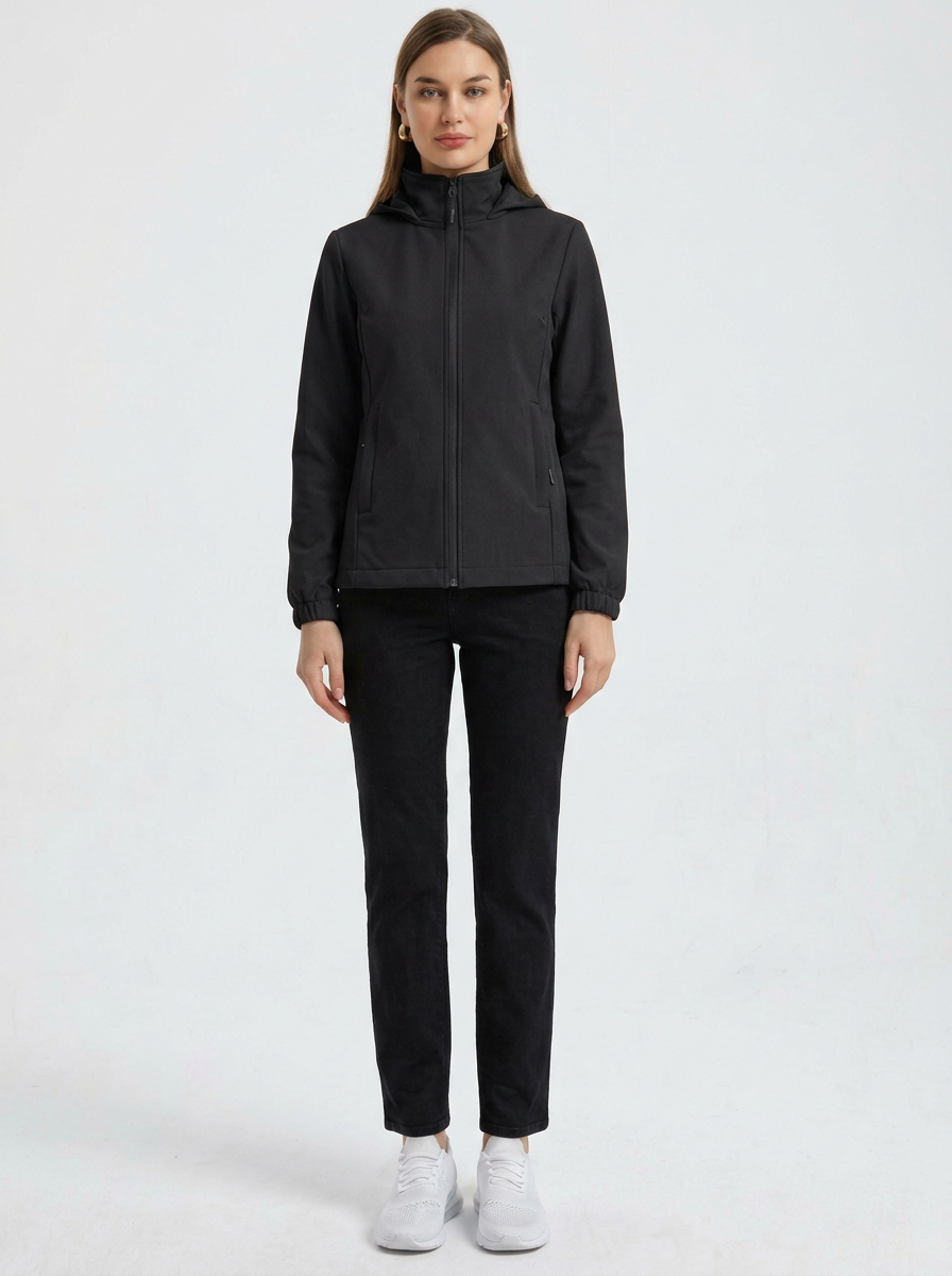 Black - A woman wearing a cream-coloured structured hooded jacket with a contrast black front zipper, elasticised cuffs, and side pockets, paired with black pants.