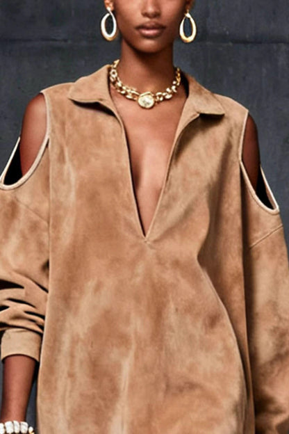 Khaki - Woman wearing a relaxed suede cold-shoulder mini dress with a deep V-neckline, collar, and long sleeves.