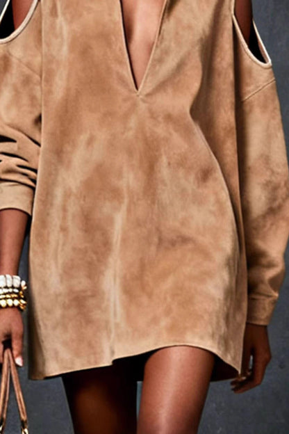 Khaki - Woman wearing a relaxed suede cold-shoulder mini dress with a deep V-neckline, collar, and long sleeves.