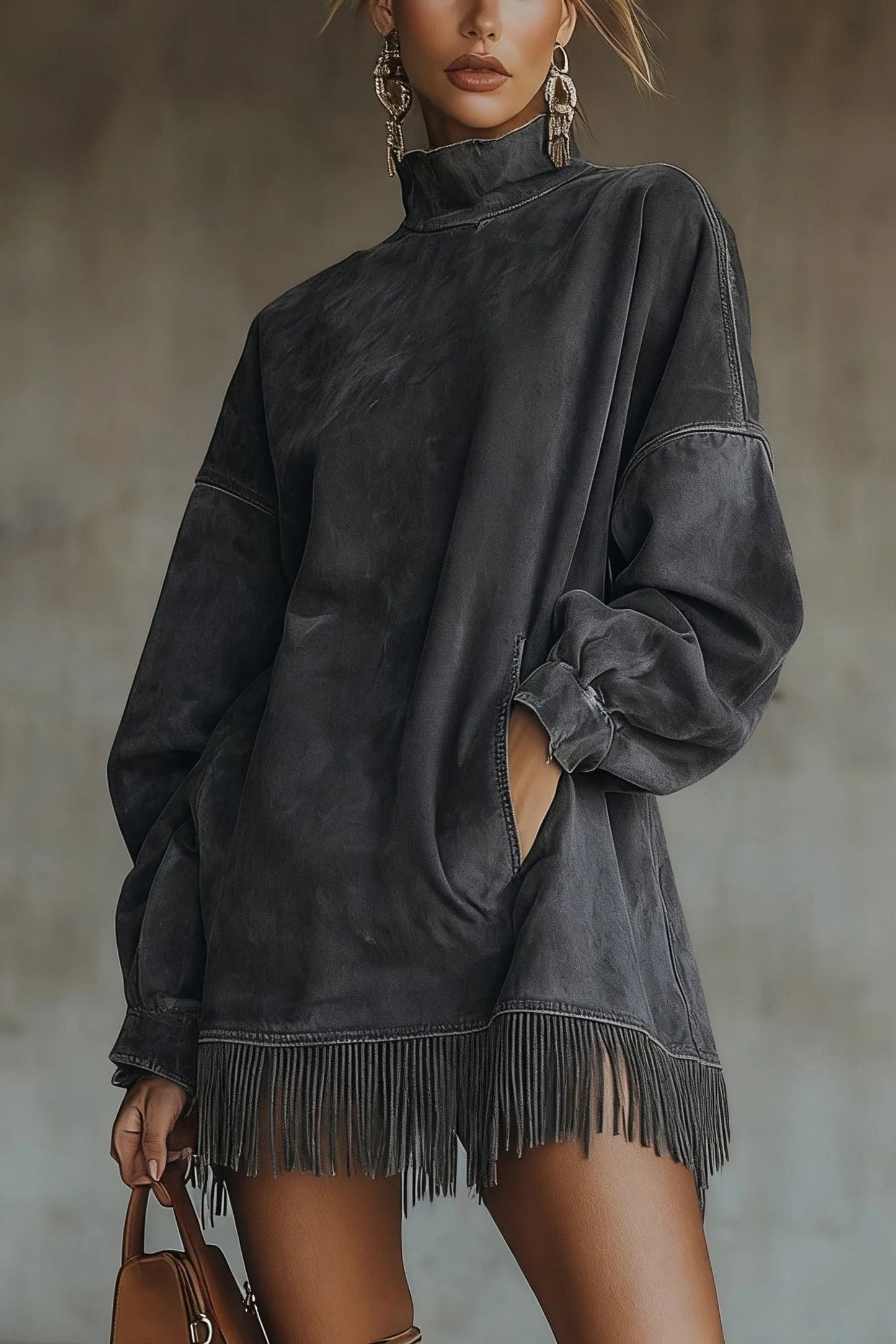 Model wearing a relaxed fit faux-suede mini dress featuring a high turtleneck, dropped long sleeves, front pockets, and a long fringe hemline.