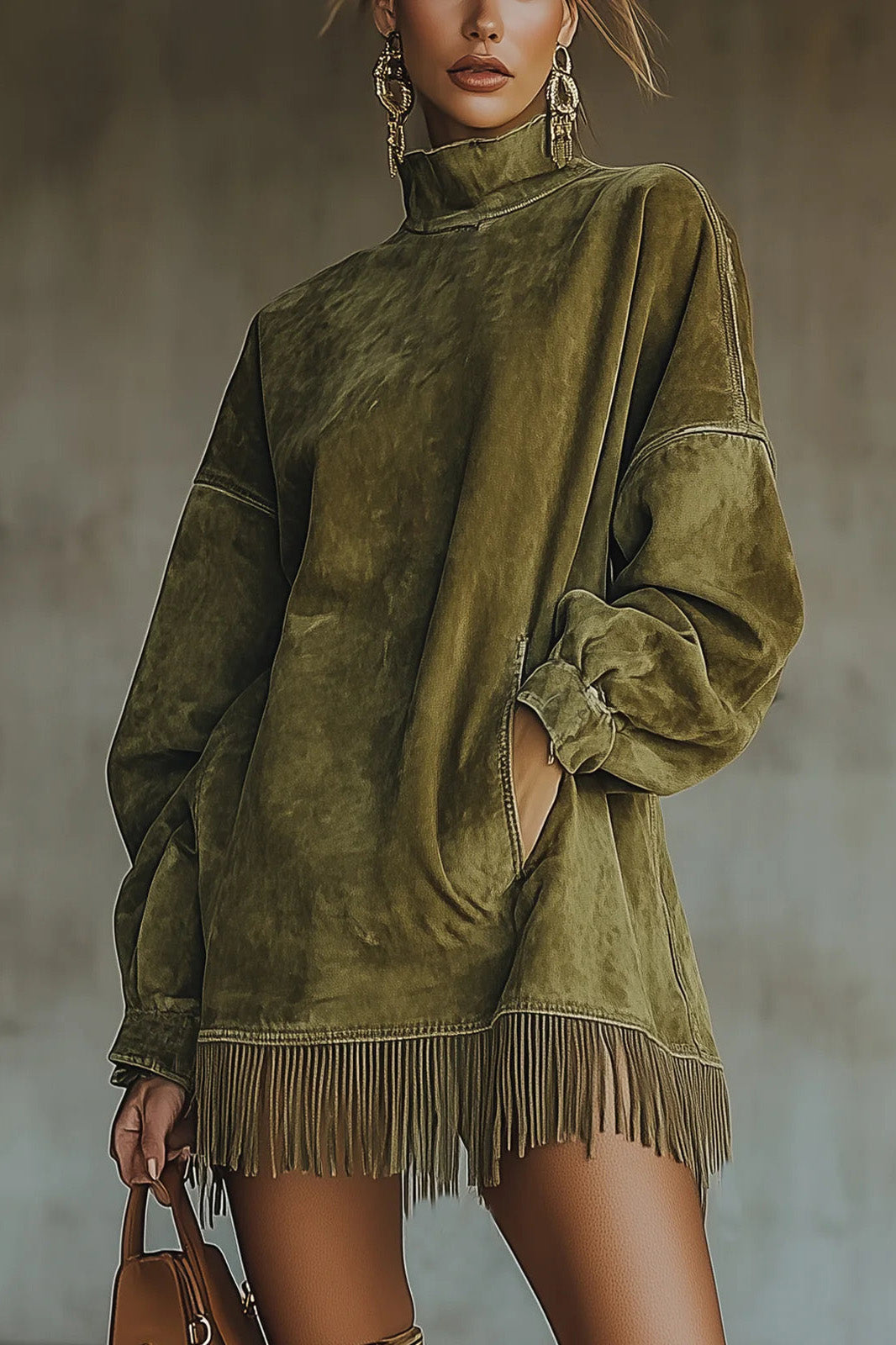 Model wearing a relaxed fit faux-suede mini dress featuring a high turtleneck, dropped long sleeves, front pockets, and a long fringe hemline.