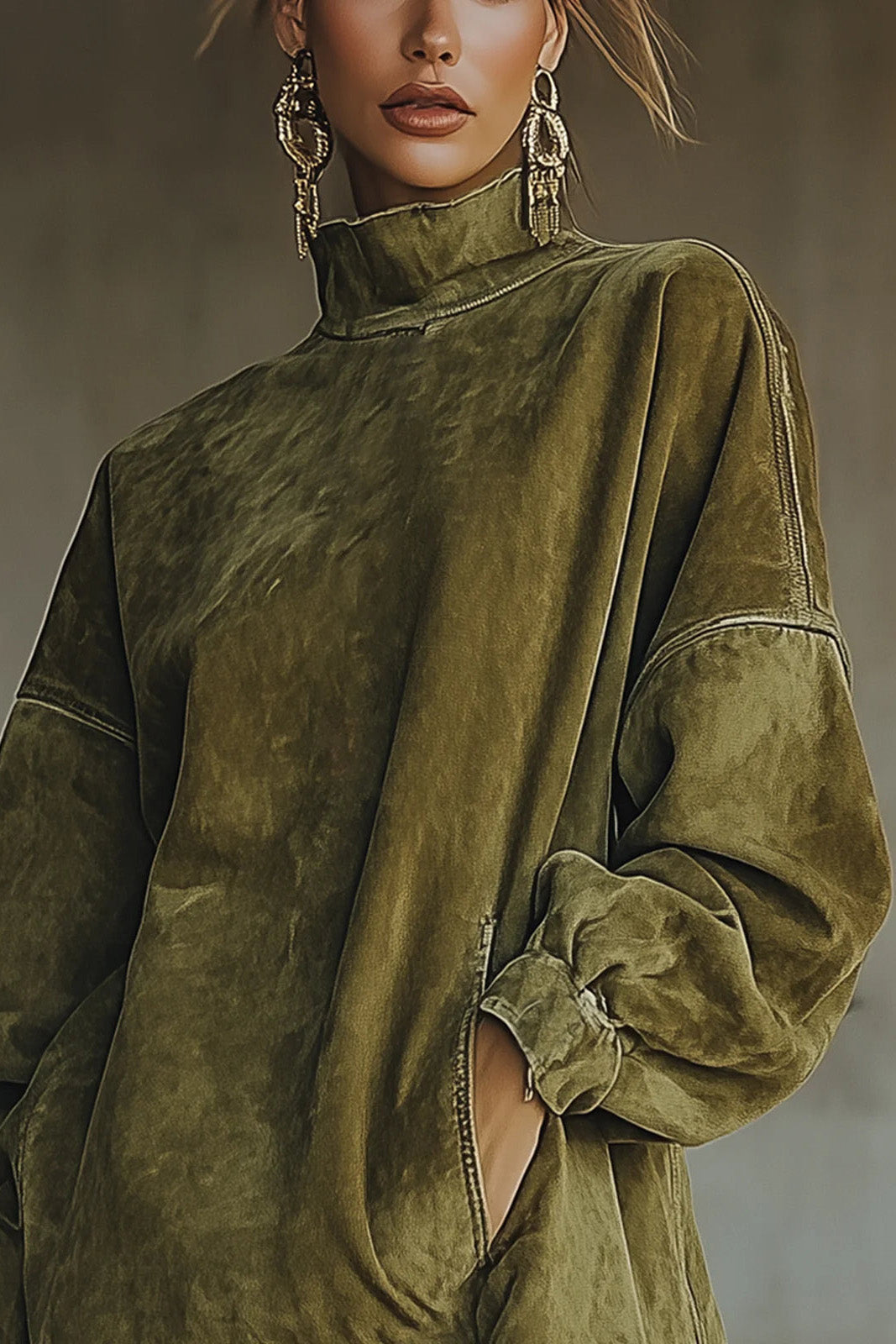Model wearing a relaxed fit faux-suede mini dress featuring a high turtleneck, dropped long sleeves, front pockets, and a long fringe hemline.