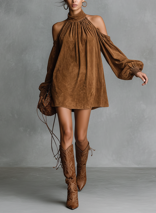 Photo Color - A model wears a brown suede-look mini shift dress featuring a gathered high neck, cold-shoulder cut-outs, and long balloon sleeves with shirred cuffs, paired with embroidered knee-high boots.