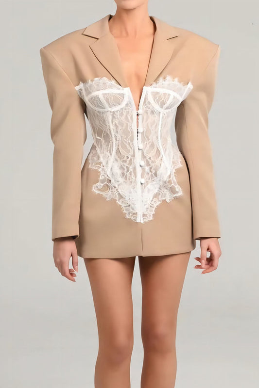 Khaki - Tailored long-sleeve mini blazer dress featuring strong shoulders, notched lapels, and a prominent sheer lace corset overlay with center button detailing