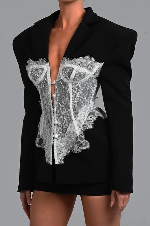 Black - Tailored long-sleeve mini blazer dress featuring strong shoulders, notched lapels, and a prominent sheer lace corset overlay with center button detailing