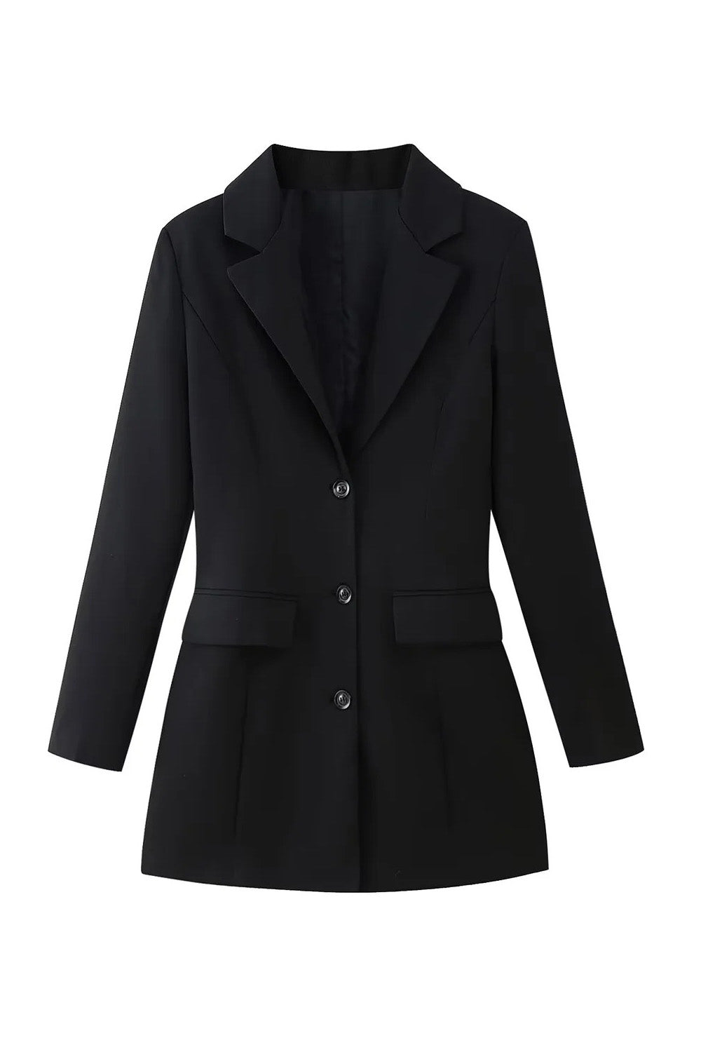 Black - Model standing on stairs wearing a tailored long-sleeve mini blazer dress with front buttons and flap pockets.