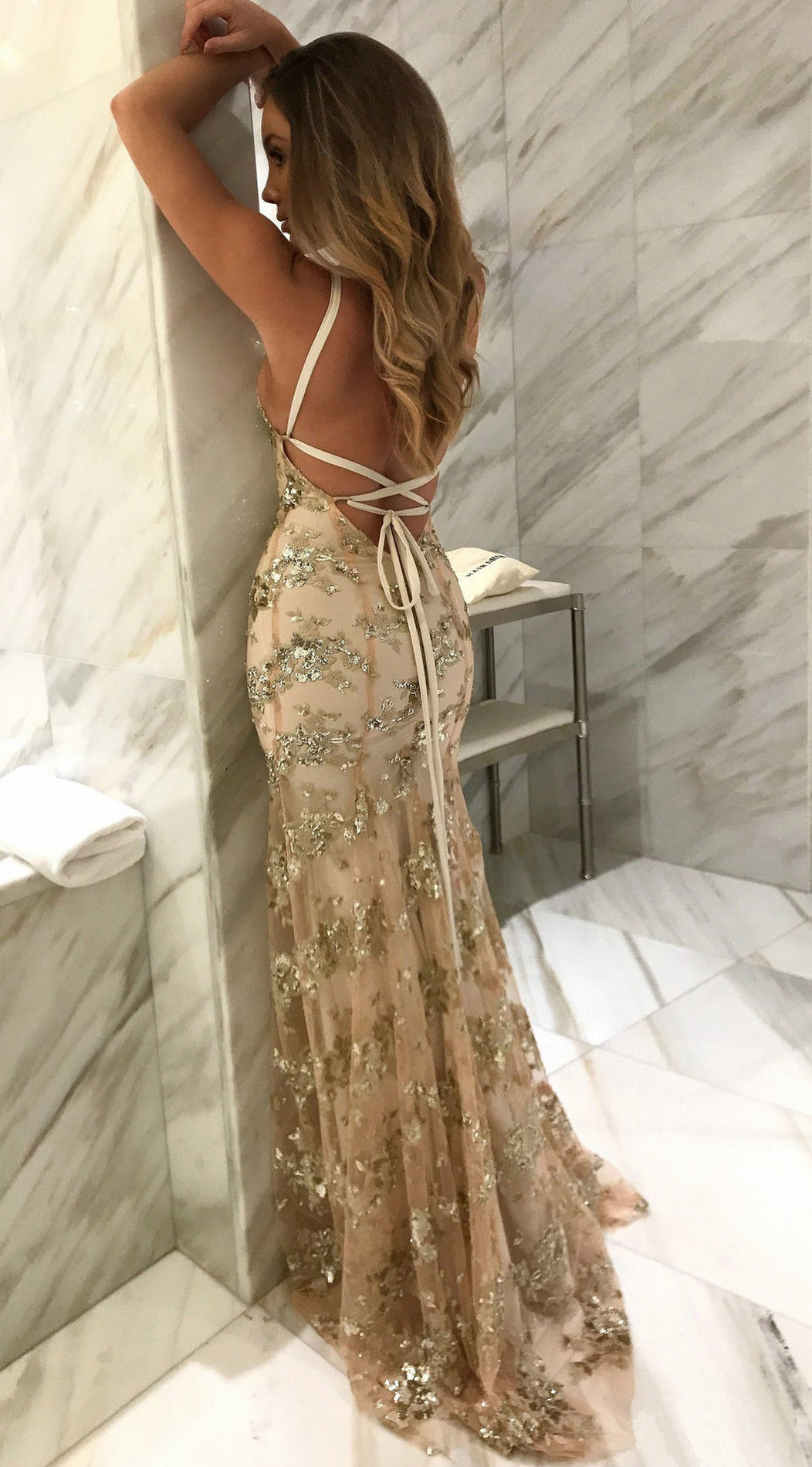 Sequin V Neck Formal Gown