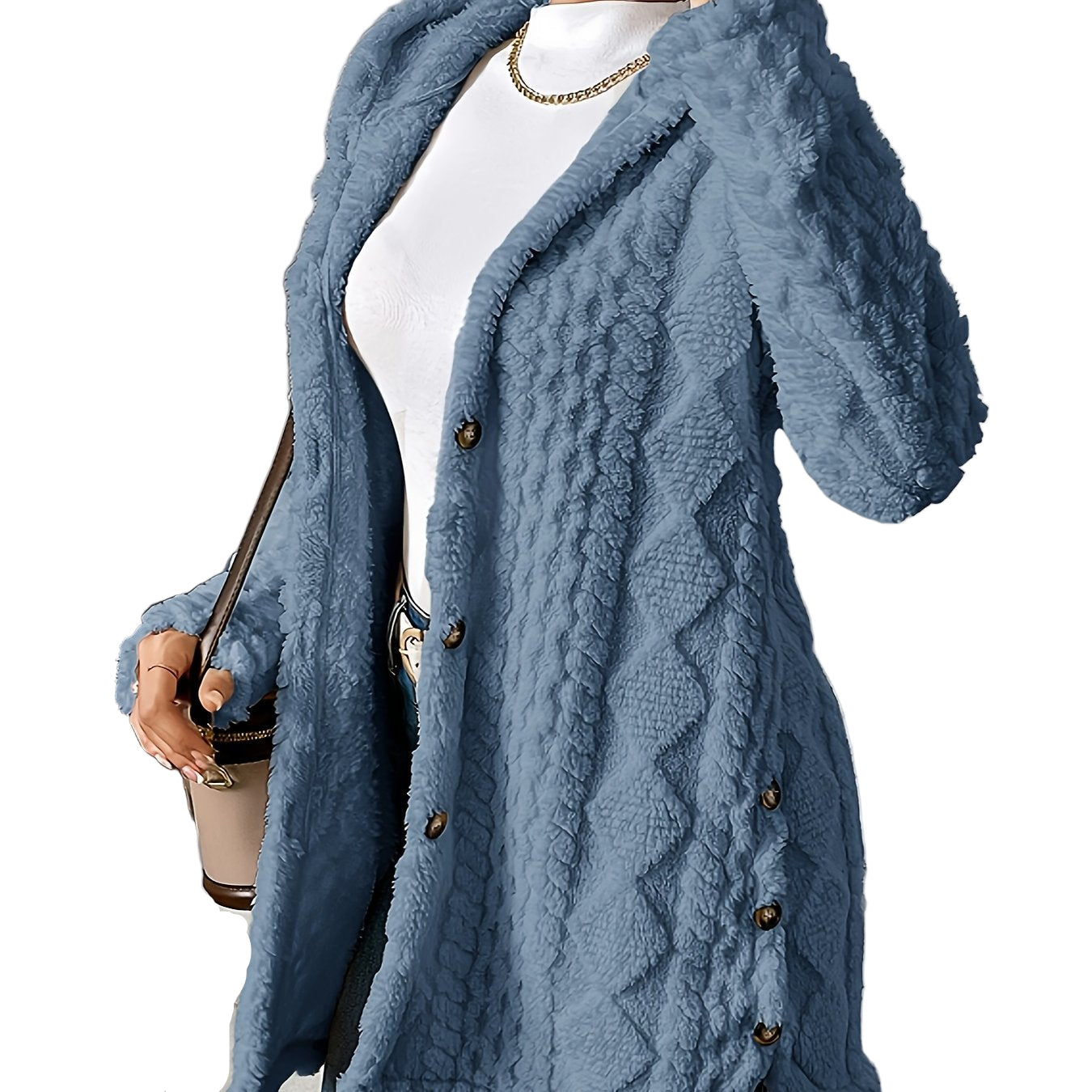 Denim Blue - A woman wearing a beige, mid-length textured fleece hooded jacket with a diamond pattern, button closure, and buttoned side vents, layered over a white high-neck top and blue jeans.