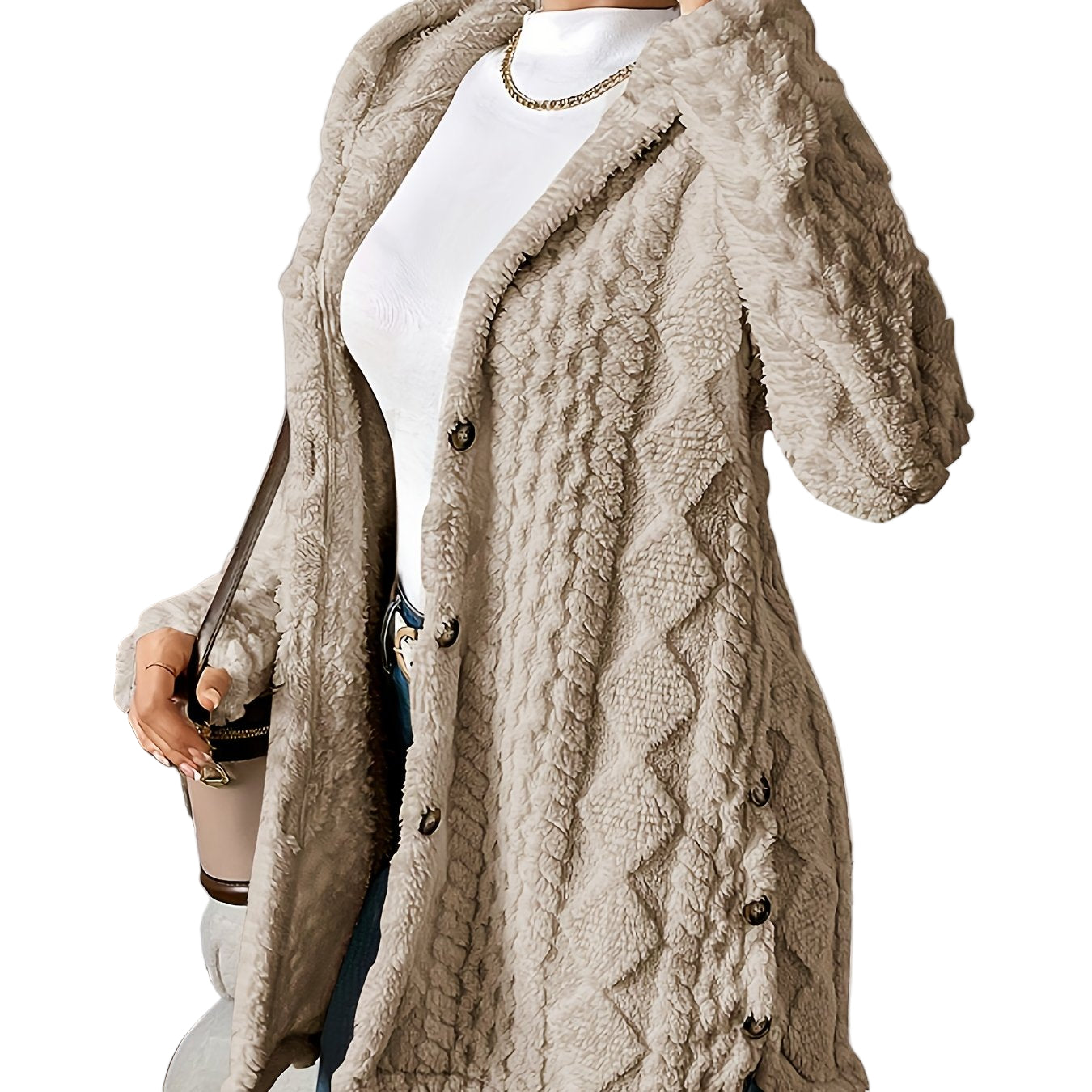 Khaki - A woman wearing a beige, mid-length textured fleece hooded jacket with a diamond pattern, button closure, and buttoned side vents, layered over a white high-neck top and blue jeans.