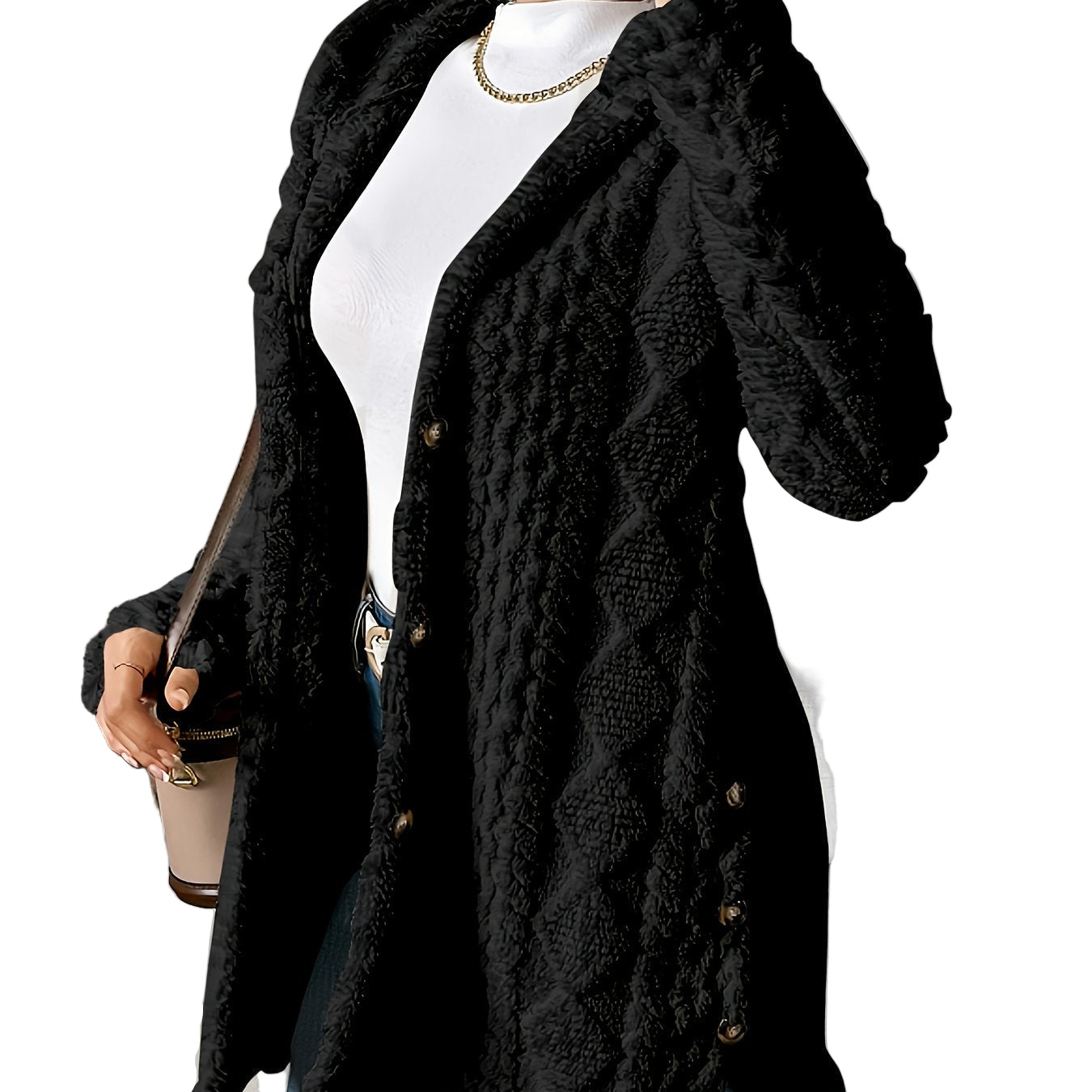Black - A woman wearing a beige, mid-length textured fleece hooded jacket with a diamond pattern, button closure, and buttoned side vents, layered over a white high-neck top and blue jeans.