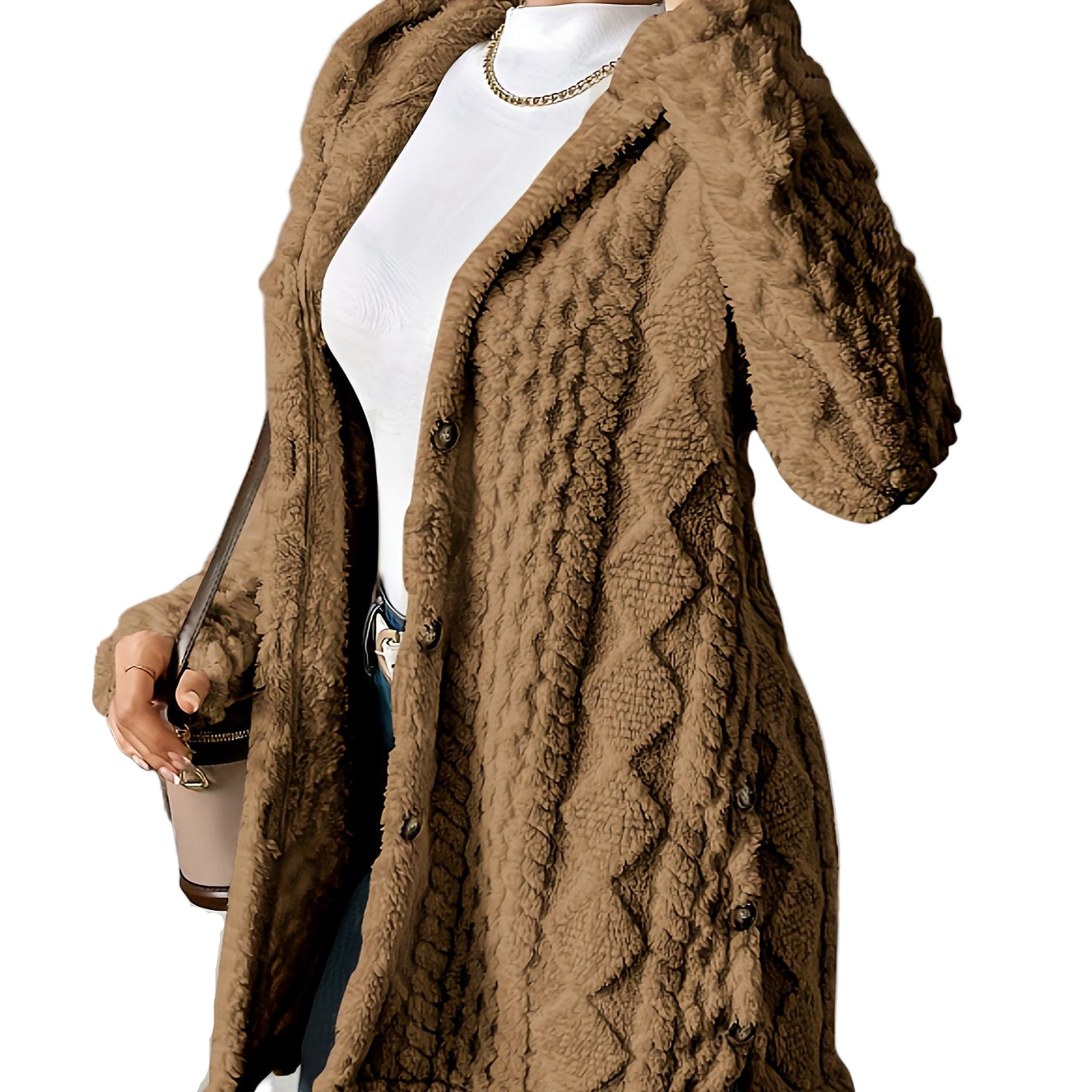 Brown - A woman wearing a beige, mid-length textured fleece hooded jacket with a diamond pattern, button closure, and buttoned side vents, layered over a white high-neck top and blue jeans.