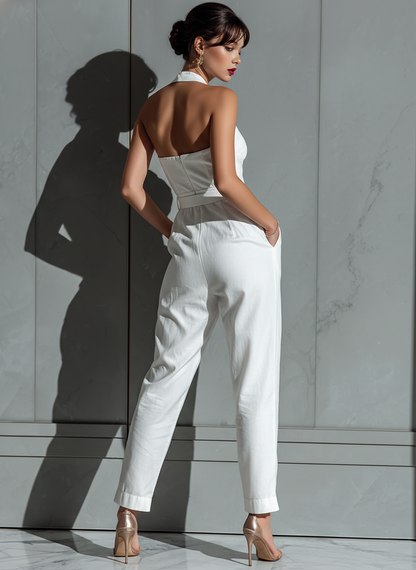 Ivory - A woman wearing a white textured linen halter-neck jumpsuit with a ruched bodice, a matching belted waist, and tapered trousers, standing against a grey marble wall.