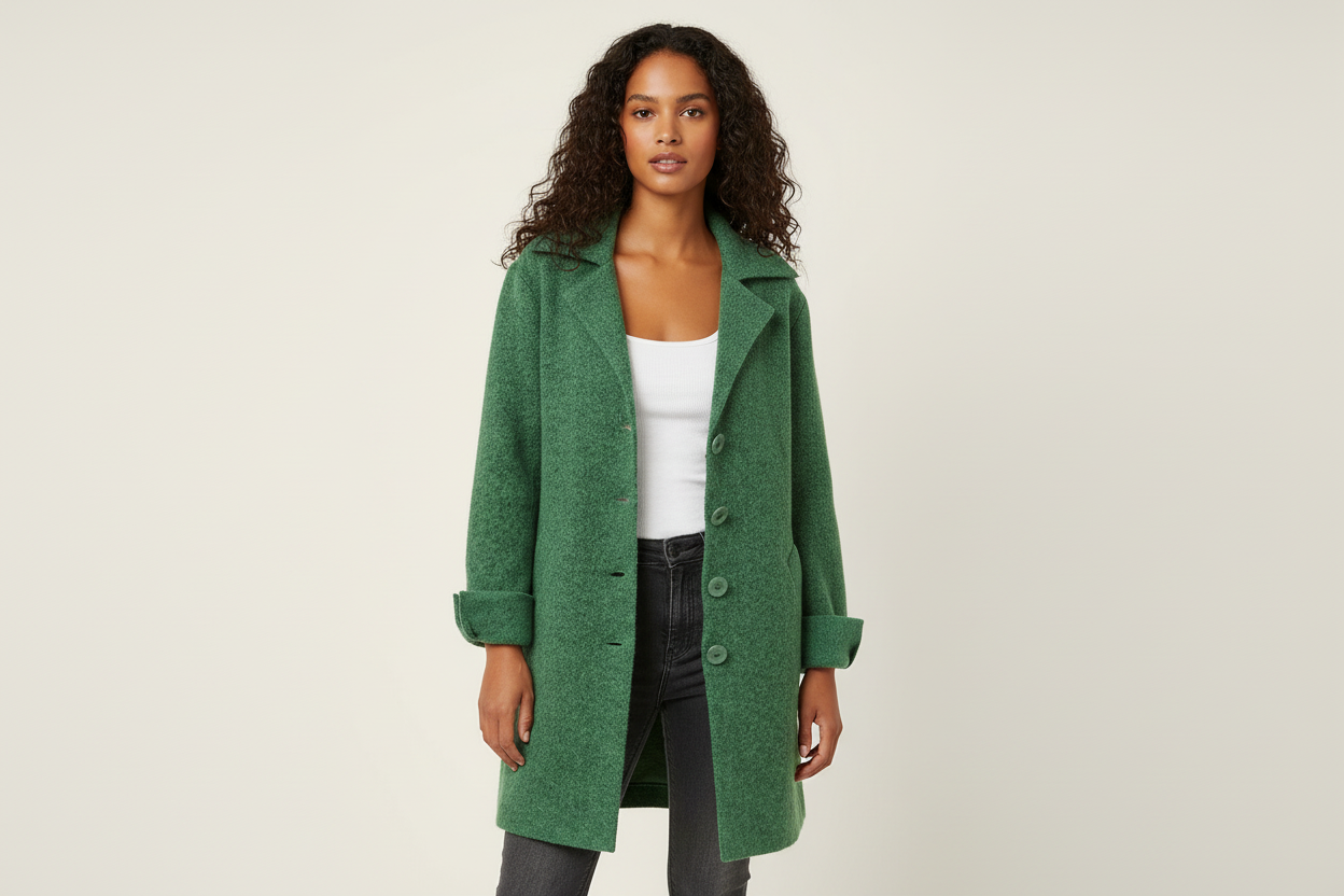 Green - A woman wearing a textured green mid-length coat with a notch lapel, single-breasted buttons, and cuffed sleeves, styled over a white top and dark grey jeans.