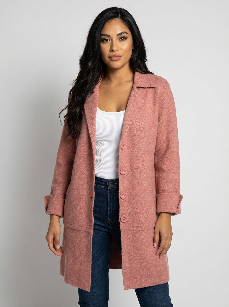 Red - A woman wearing a textured green mid-length coat with a notch lapel, single-breasted buttons, and cuffed sleeves, styled over a white top and dark grey jeans.