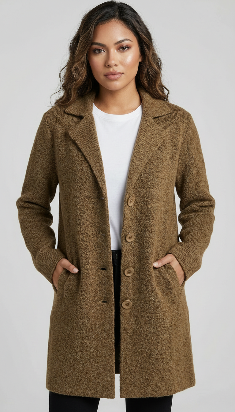 Red - A woman wearing a textured green mid-length coat with a notch lapel, single-breasted buttons, and cuffed sleeves, styled over a white top and dark grey jeans.