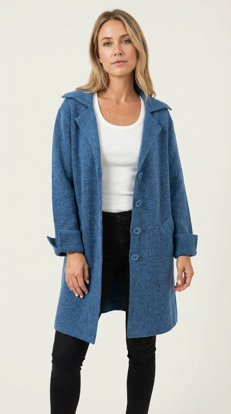 Blue - A woman wearing a textured green mid-length coat with a notch lapel, single-breasted buttons, and cuffed sleeves, styled over a white top and dark grey jeans.