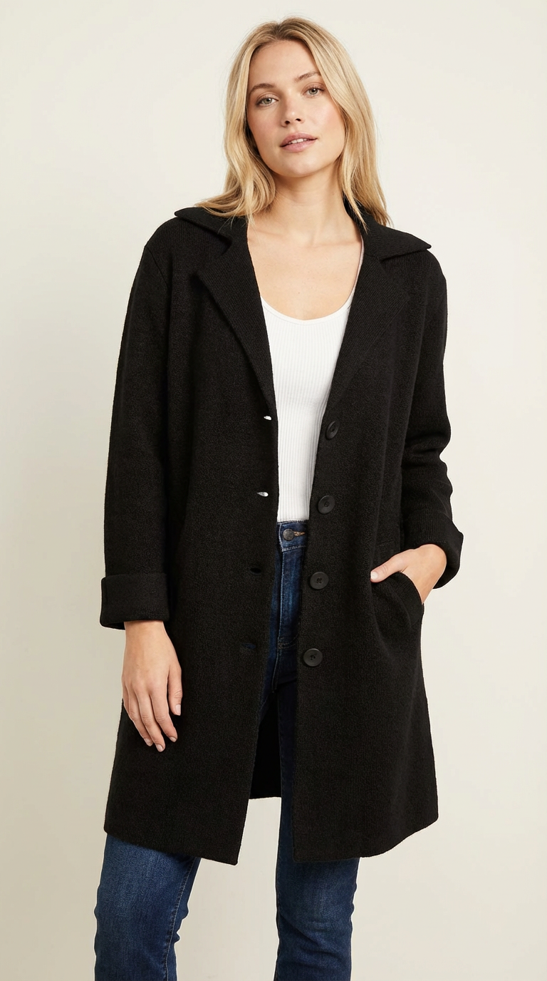 Black - A woman wearing a textured green mid-length coat with a notch lapel, single-breasted buttons, and cuffed sleeves, styled over a white top and dark grey jeans.
