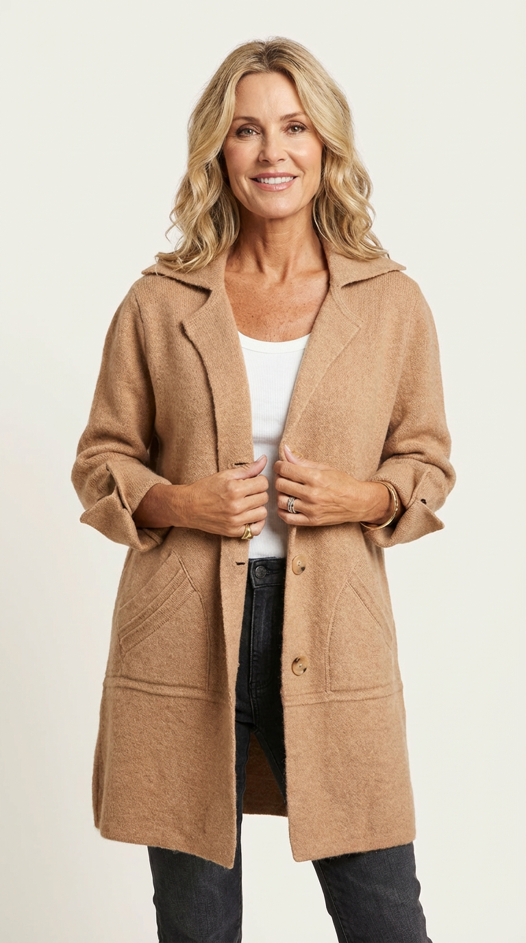 Khaki - A woman wearing a textured green mid-length coat with a notch lapel, single-breasted buttons, and cuffed sleeves, styled over a white top and dark grey jeans.