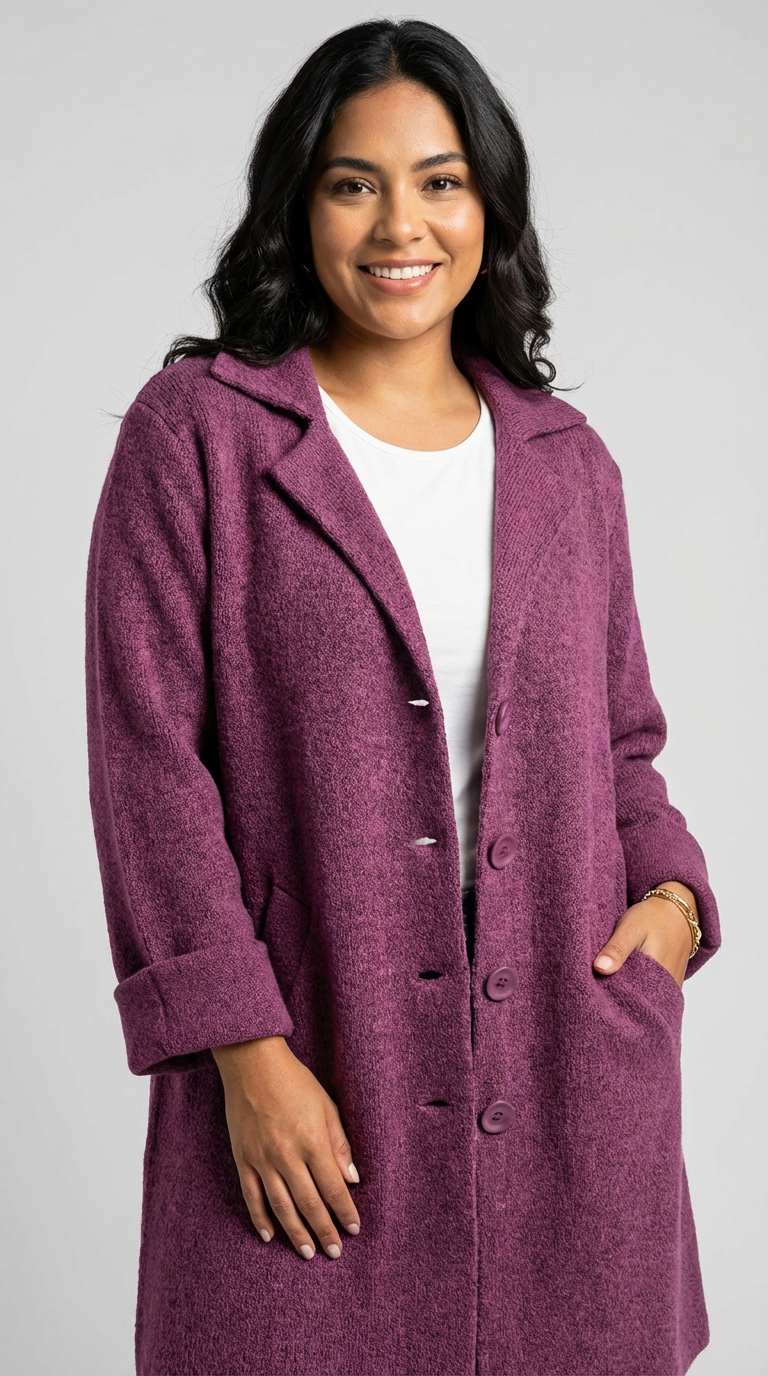 Lila - A woman wearing a textured green mid-length coat with a notch lapel, single-breasted buttons, and cuffed sleeves, styled over a white top and dark grey jeans.