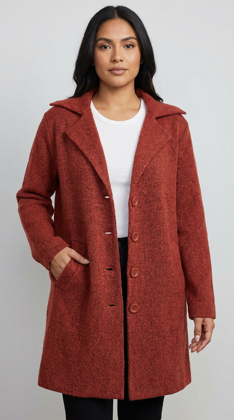 Red - A woman wearing a textured green mid-length coat with a notch lapel, single-breasted buttons, and cuffed sleeves, styled over a white top and dark grey jeans.
