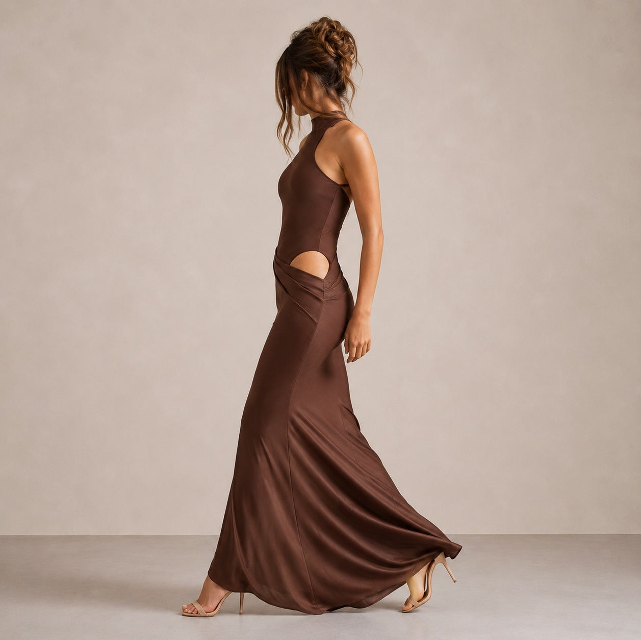 High Neck Cutout Draped Gown