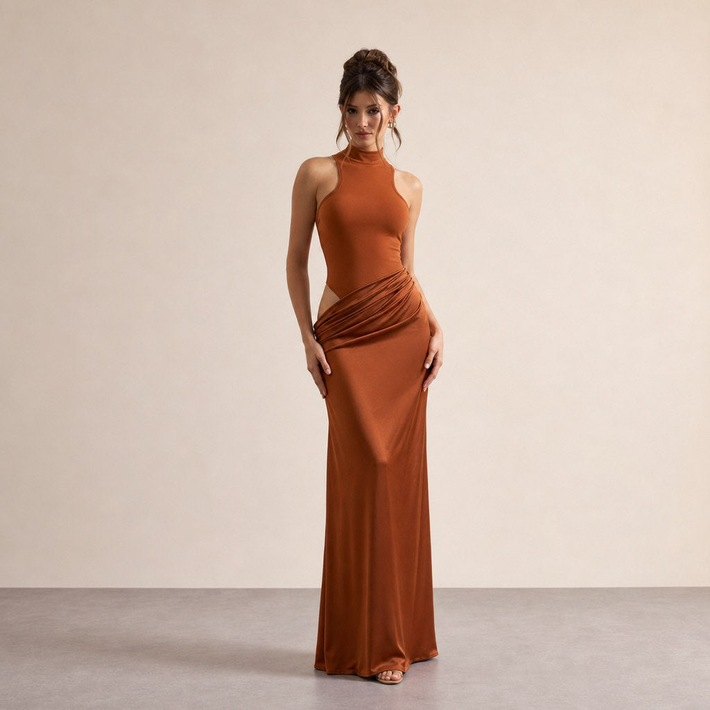 High Neck Cutout Draped Gown