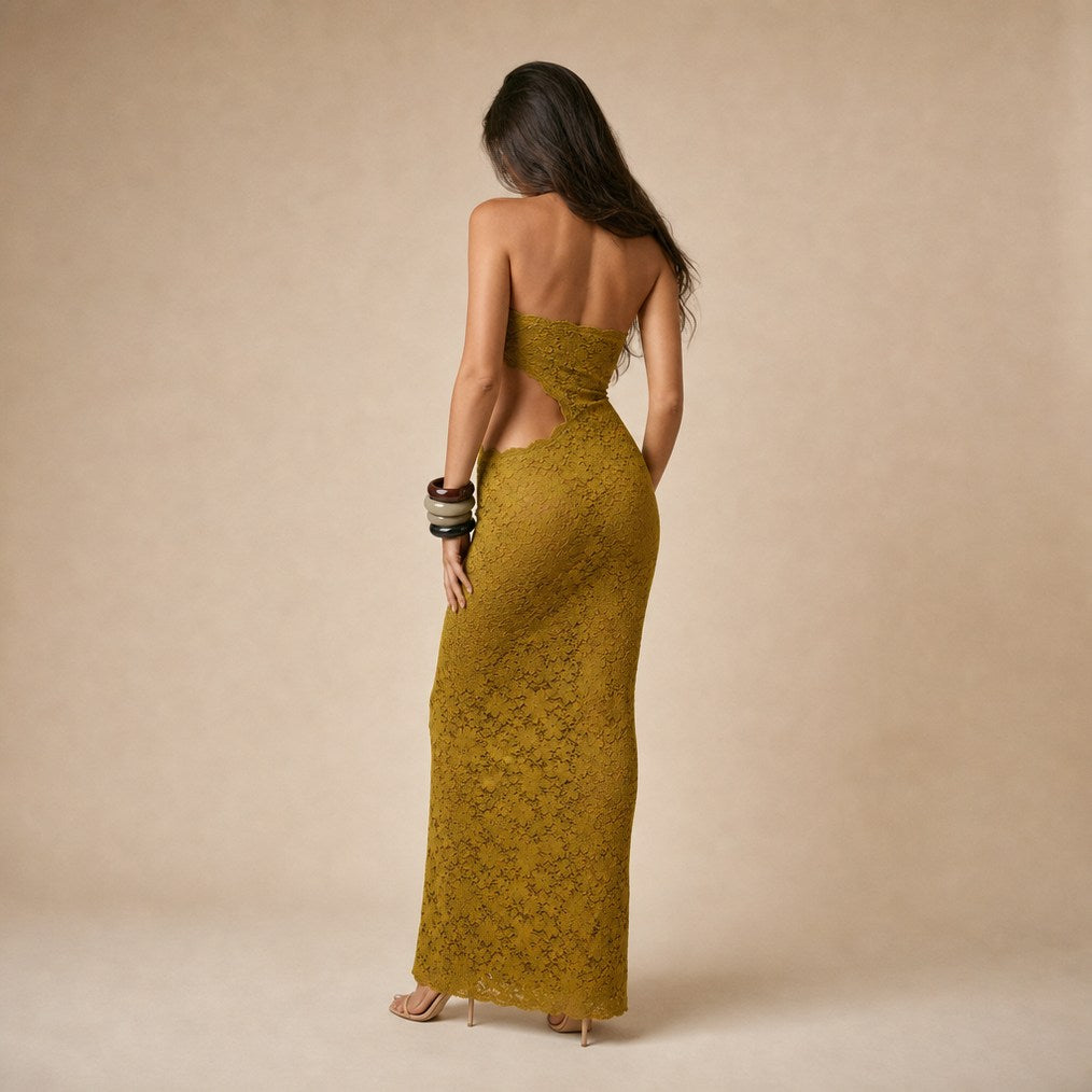 Lace Strapless Cutout Maxi Dress