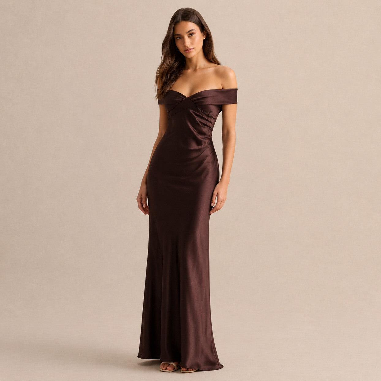 Satin Off Shoulder Formal Maxi Dress