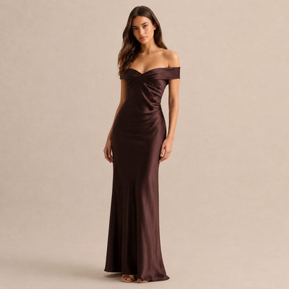 Satin Off Shoulder Formal Maxi Dress