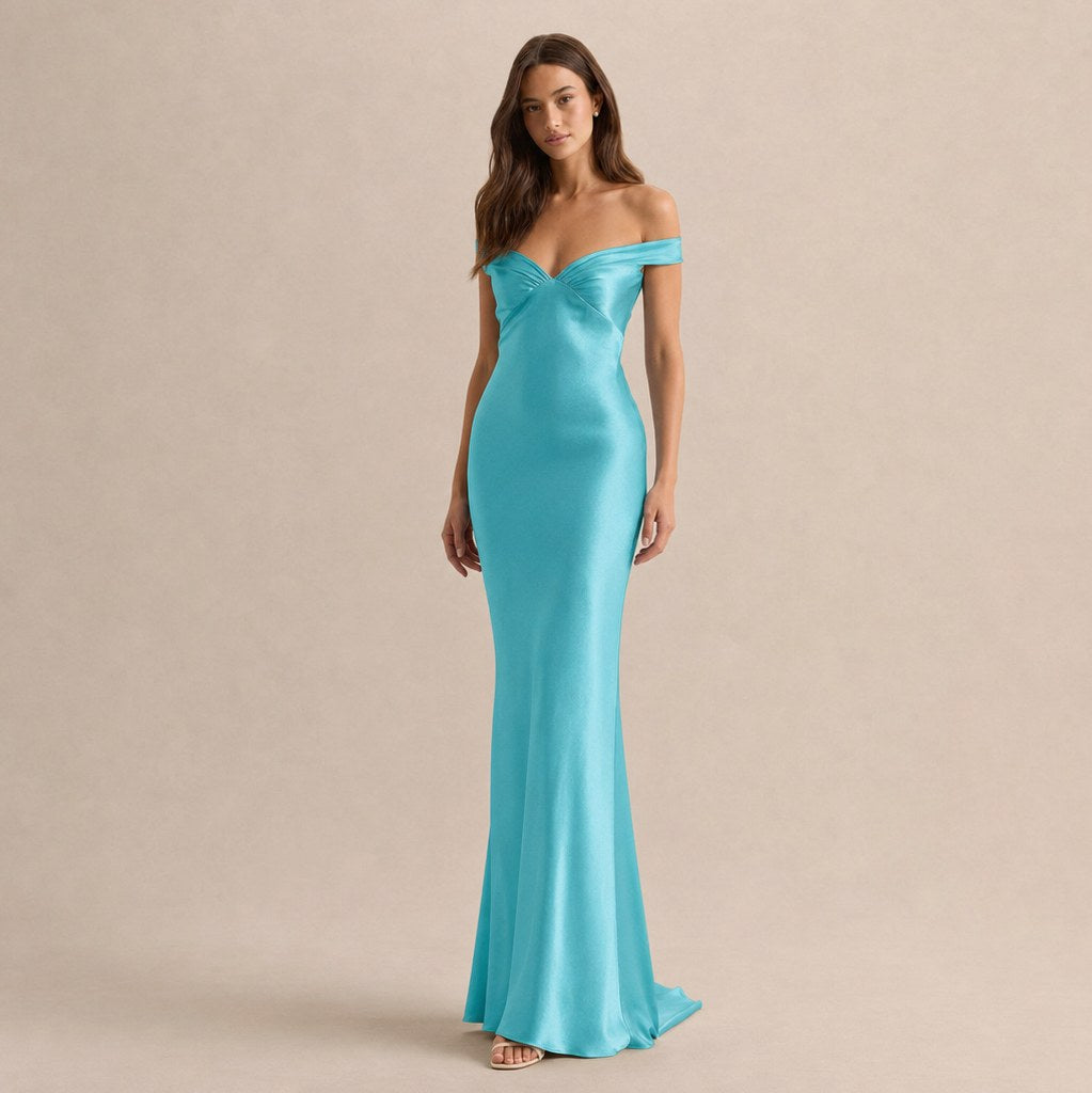 Satin Off Shoulder Formal Maxi Dress