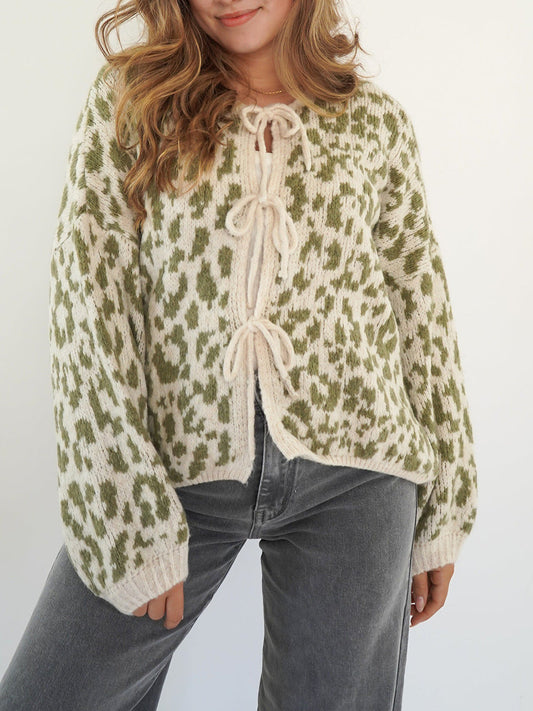 Leopard - Women's plush knit cardigan featuring a green and cream leopard print, styled with a delicate triple tie-front closure and a relaxed fit.