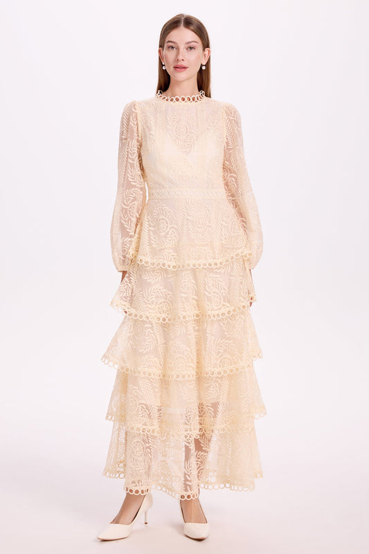White - Women's formal high neck tiered lace maxi dress featuring intricate floral embroidery and long sleeves.