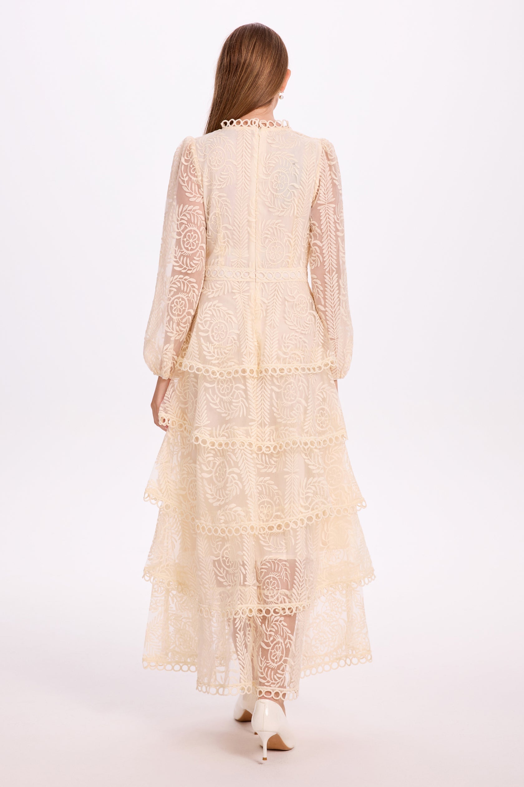 White - Women's formal high neck tiered lace maxi dress featuring intricate floral embroidery and long sleeves.