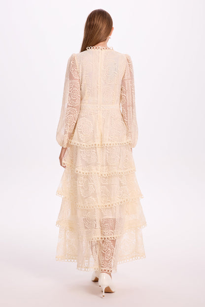 White - Women's formal high neck tiered lace maxi dress featuring intricate floral embroidery and long sleeves.