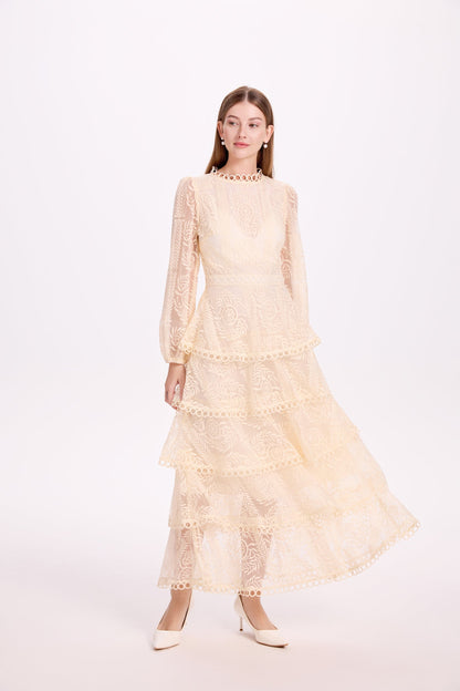 White - Women's formal high neck tiered lace maxi dress featuring intricate floral embroidery and long sleeves.