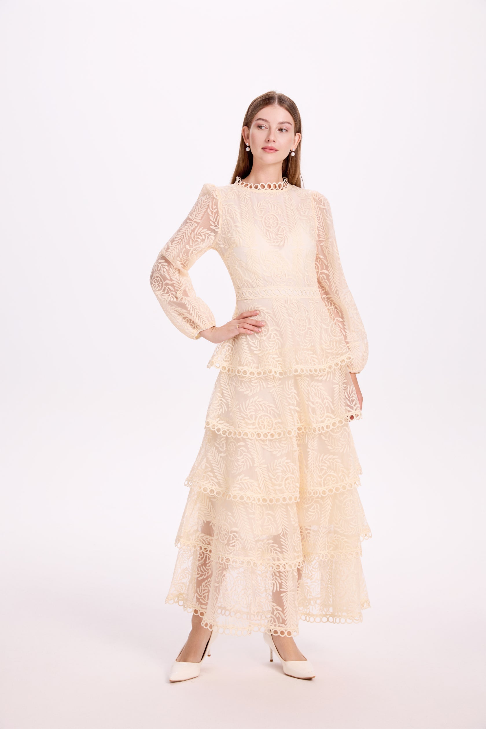 White - Women's formal high neck tiered lace maxi dress featuring intricate floral embroidery and long sleeves.
