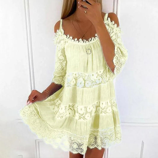 Yellow - Women's pale yellow cold-shoulder mini dress featuring a tiered silhouette and extensive floral lace panelling across the bodice, sleeves, and hem.