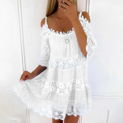 White - Women's pale yellow cold-shoulder mini dress featuring a tiered silhouette and extensive floral lace panelling across the bodice, sleeves, and hem.