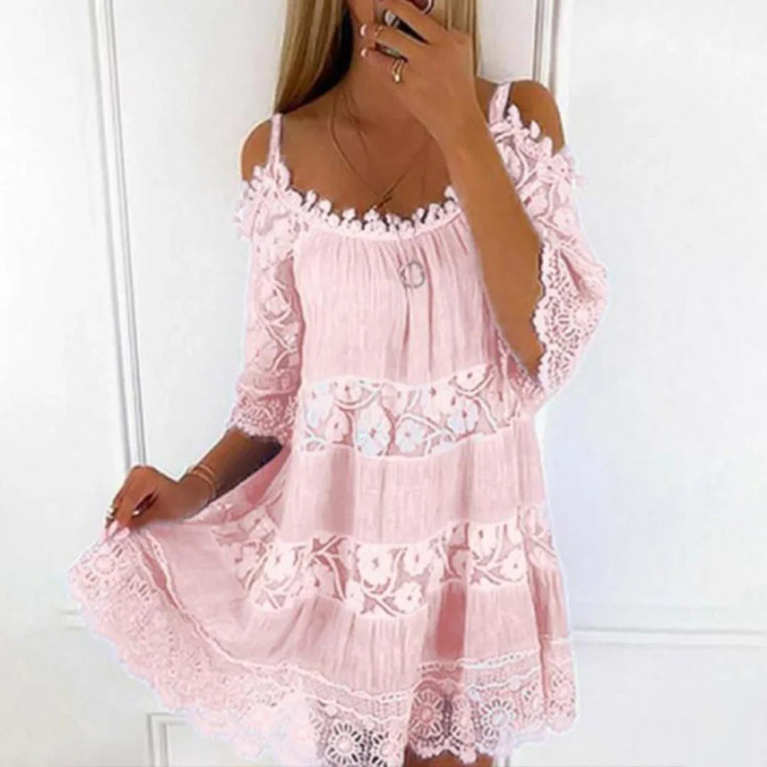 Pink - Women's pale yellow cold-shoulder mini dress featuring a tiered silhouette and extensive floral lace panelling across the bodice, sleeves, and hem.