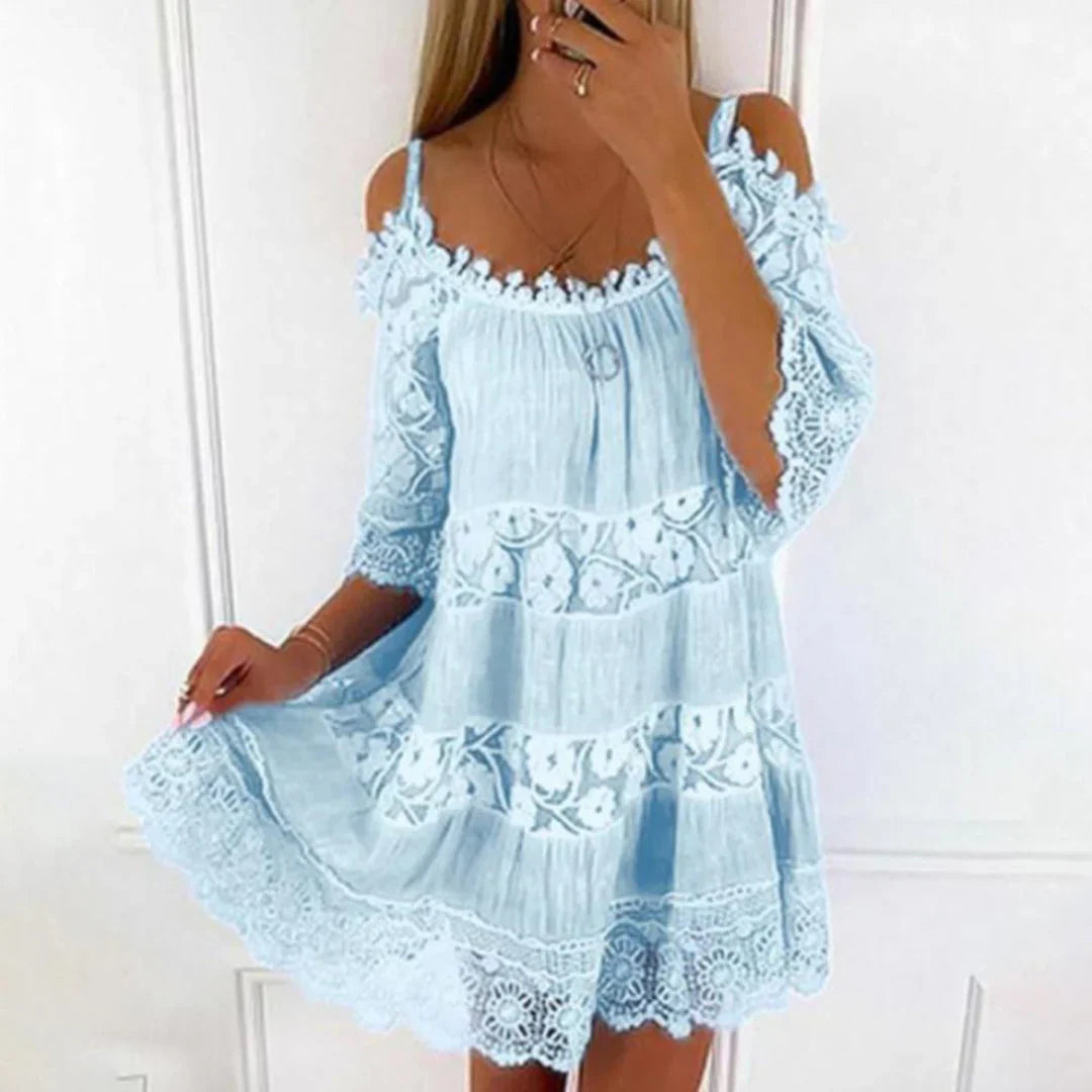 Light Blue - Women's pale yellow cold-shoulder mini dress featuring a tiered silhouette and extensive floral lace panelling across the bodice, sleeves, and hem.