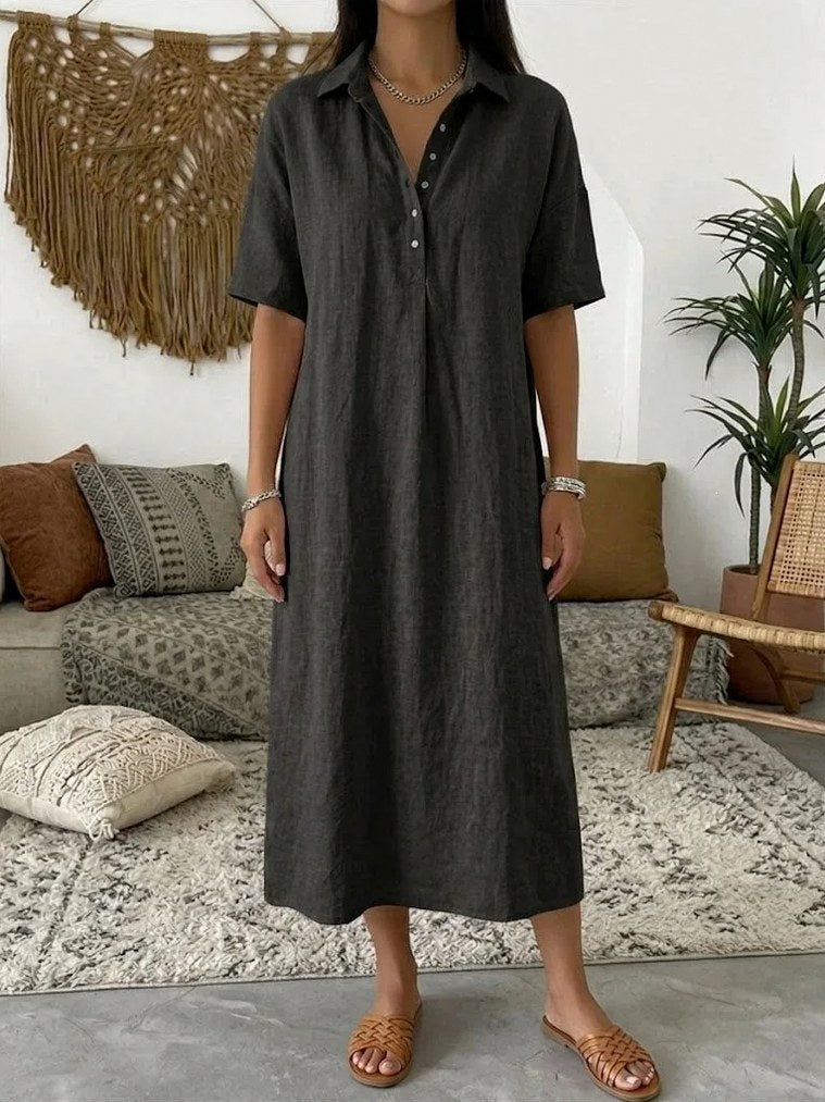 Relaxed Linen Short Sleeve Midi Dress