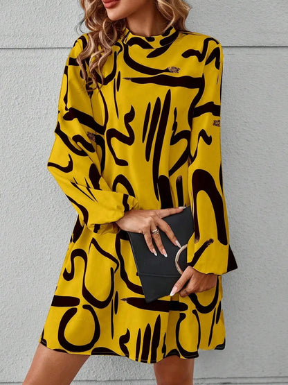 Abstract Print Mock Neck Mini Dress
