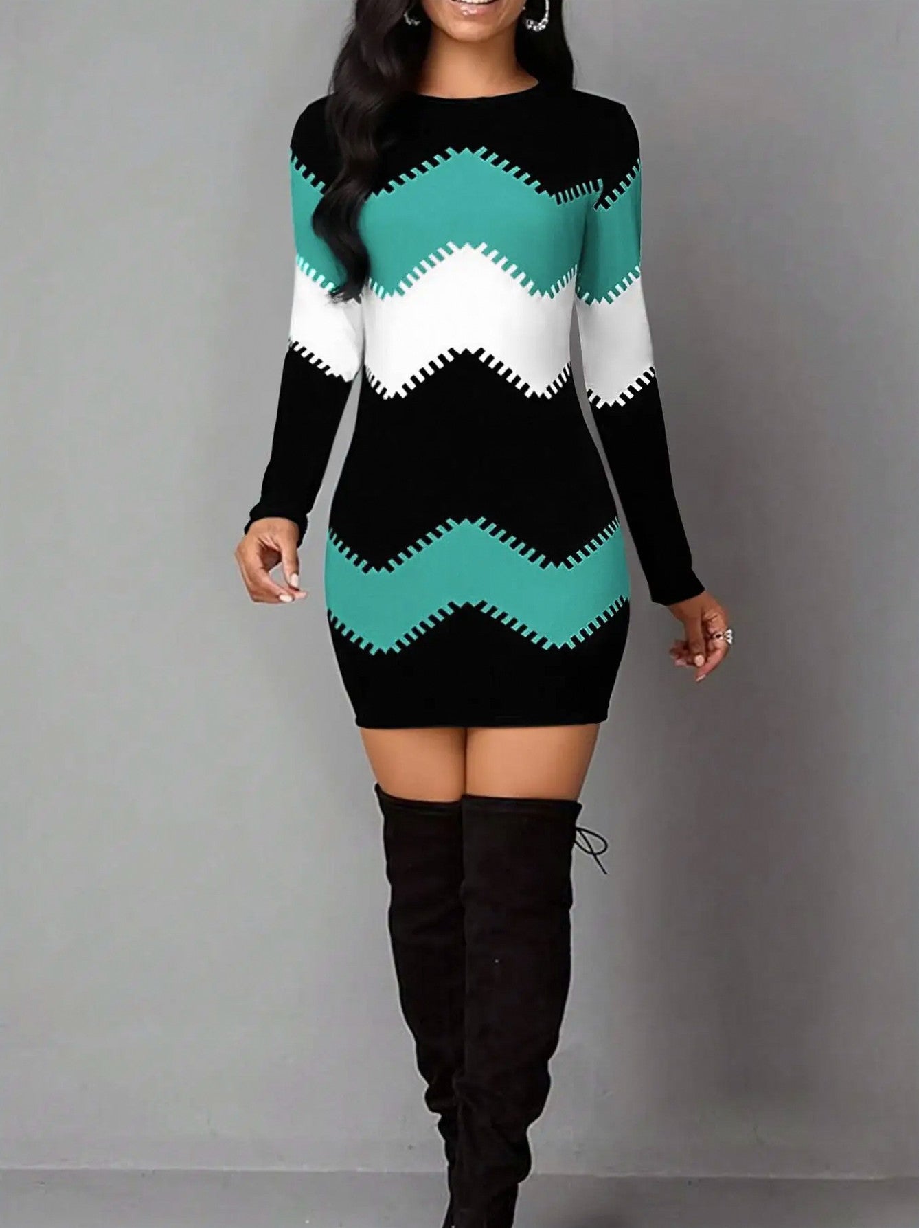 Knit Chevron Long Sleeve Mini Dress