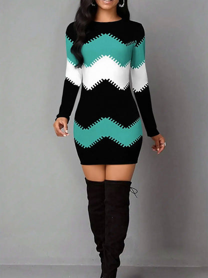 Knit Chevron Long Sleeve Mini Dress