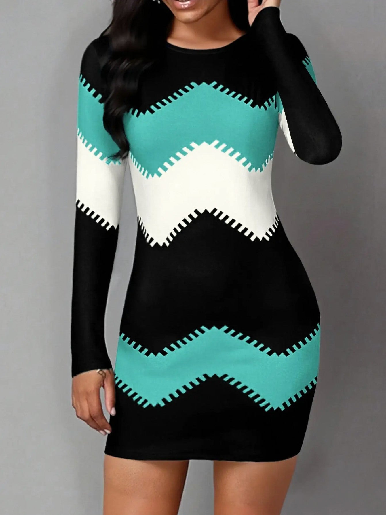 Knit Chevron Long Sleeve Mini Dress