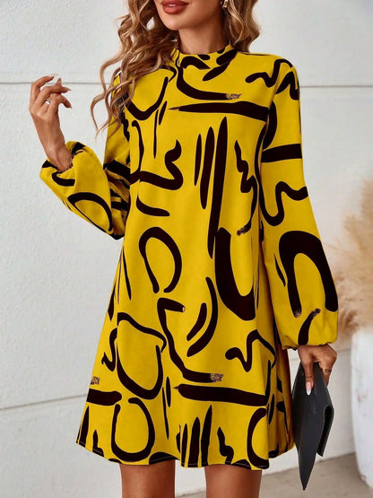 Abstract Print Mock Neck Mini Dress
