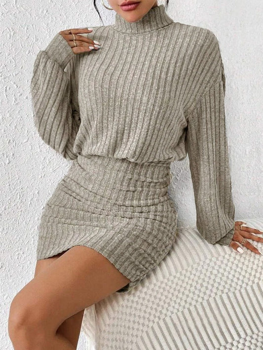 Ribbed Turtleneck Ruched Mini Dress