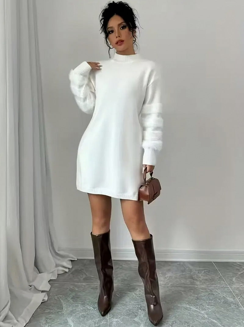 Faux Fur Sleeve Knit Mini Dress